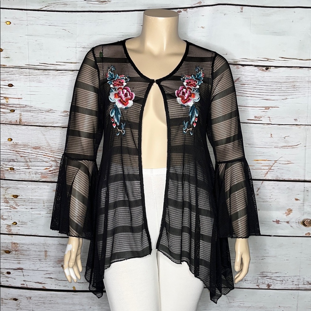 Dor Dor Couture Size XL Black - Floral Embroidered Mesh Cardigan Jacket